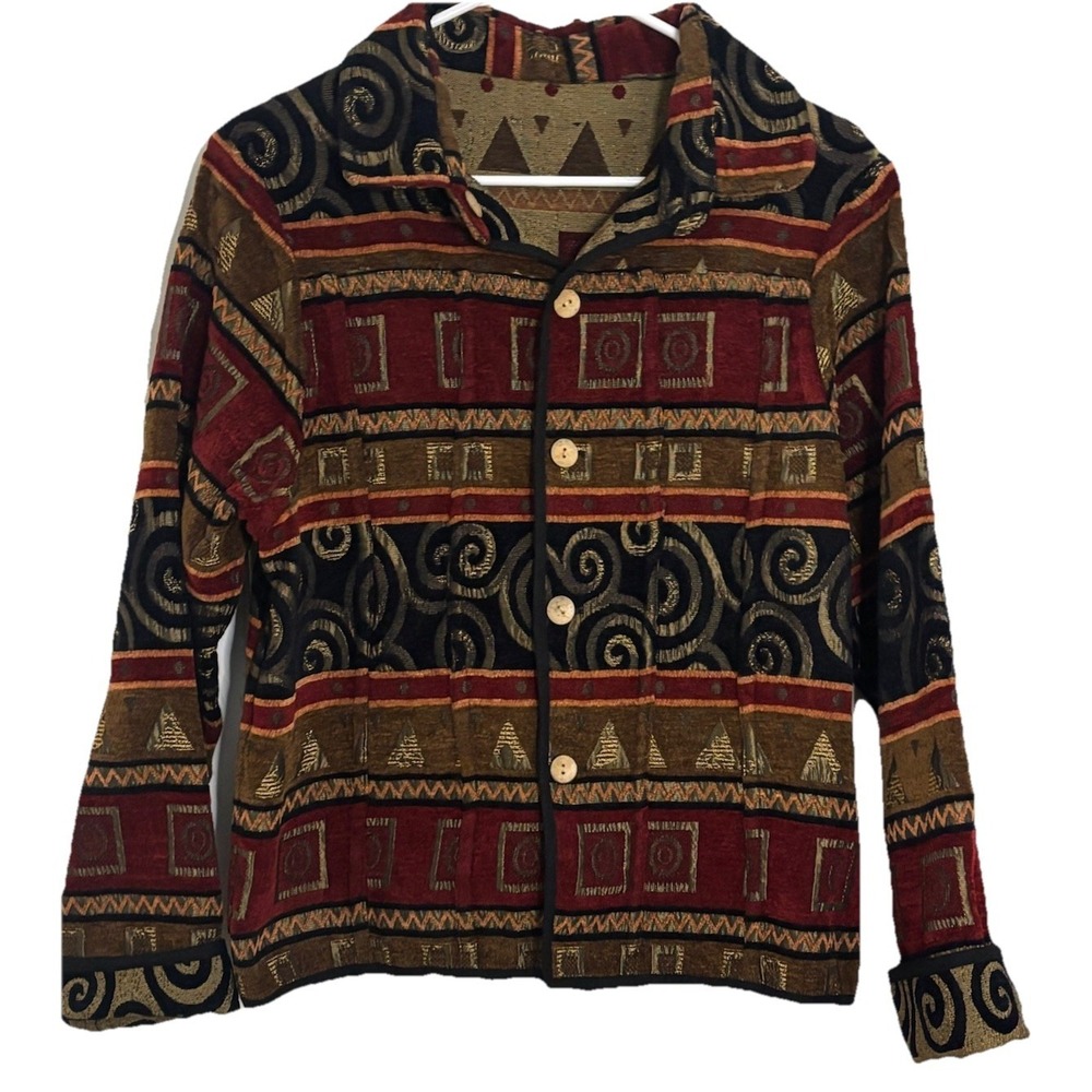 TallyHo Tapestry Reversible Jacket Women Large Vintage Wooden Buttons Aztec Hobo